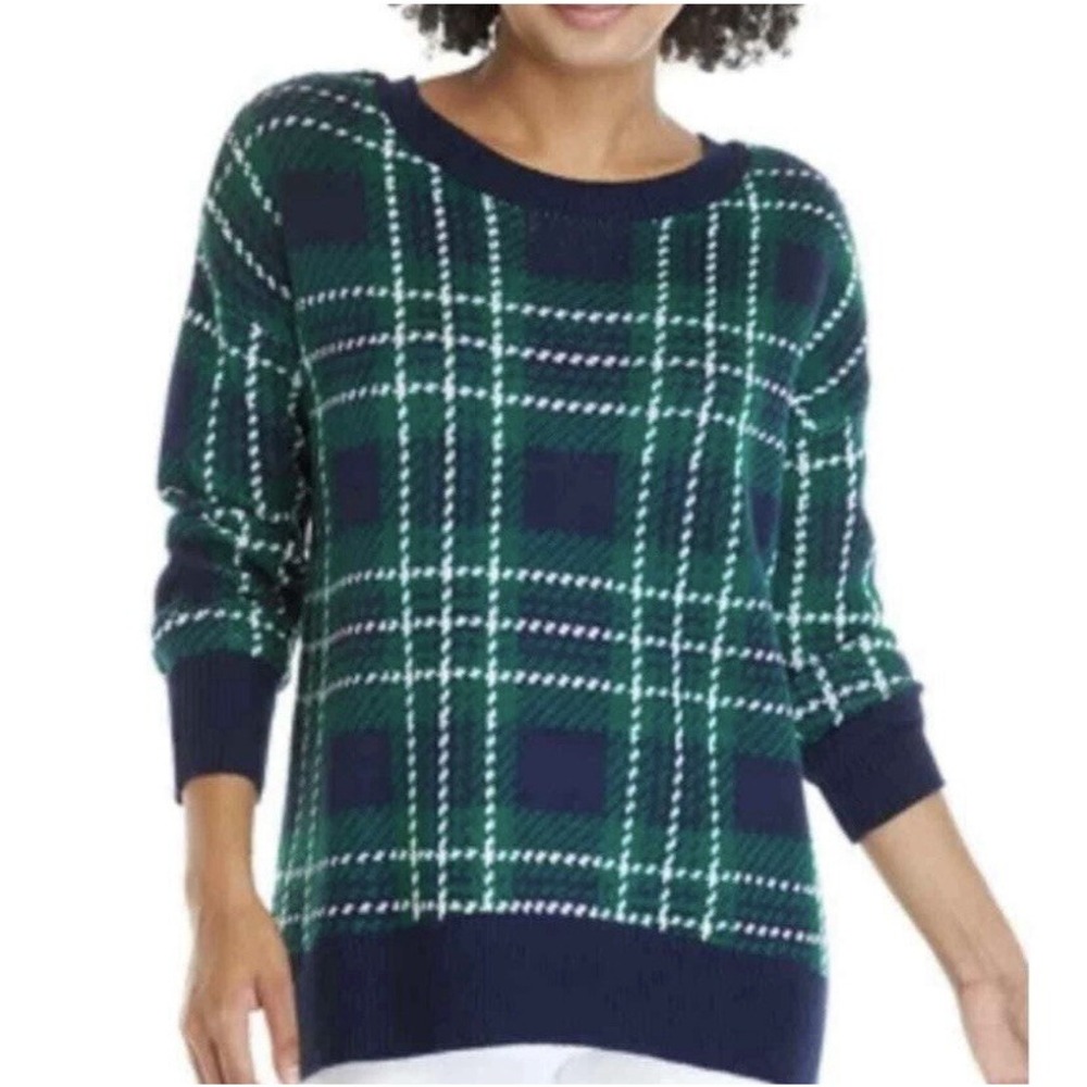NWT Crown & Ivy Navy Plaid Holiday Party Ribbon Tie Sweater Size XL
